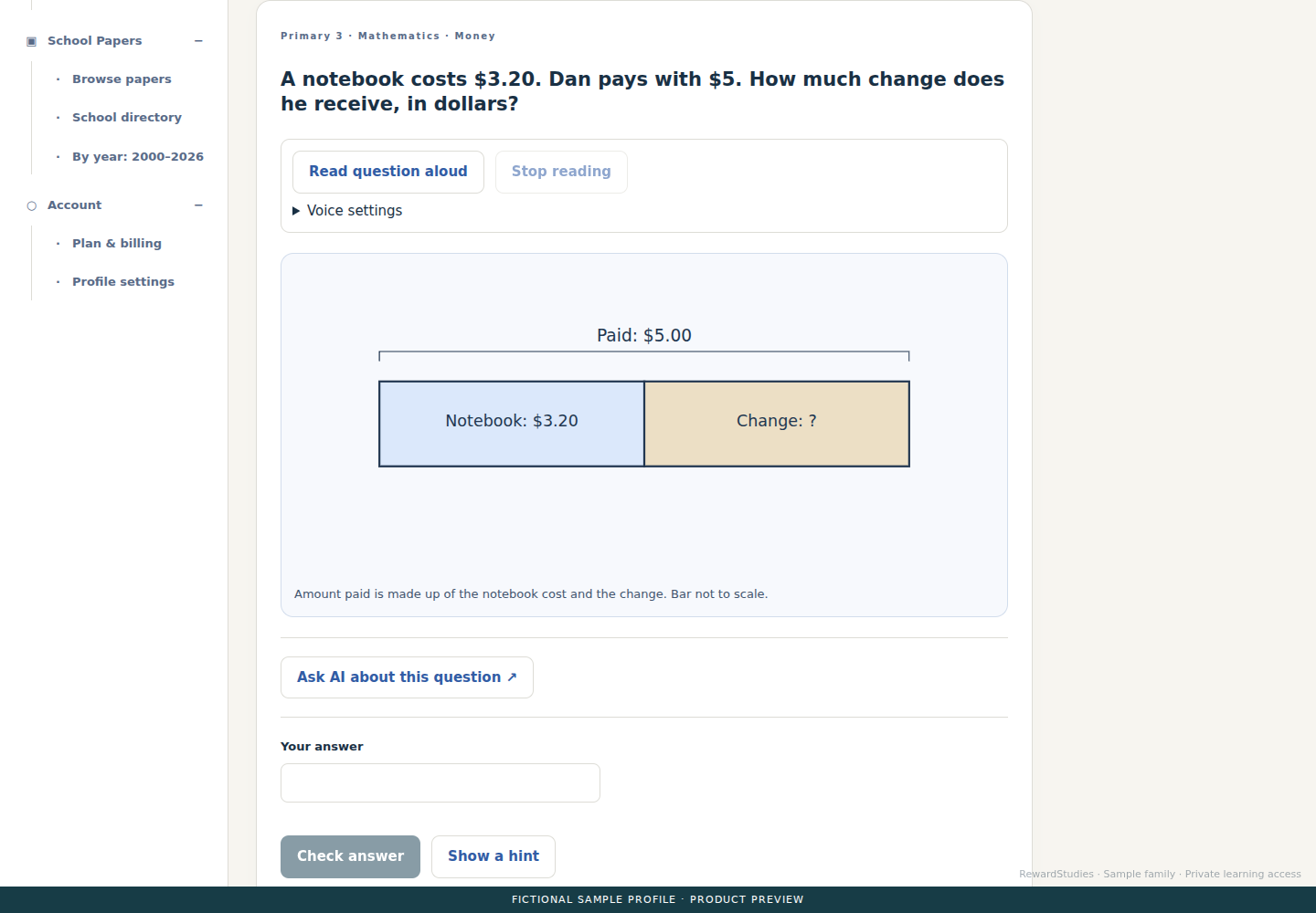 RewardStudies practice screen using a fictional sample profile