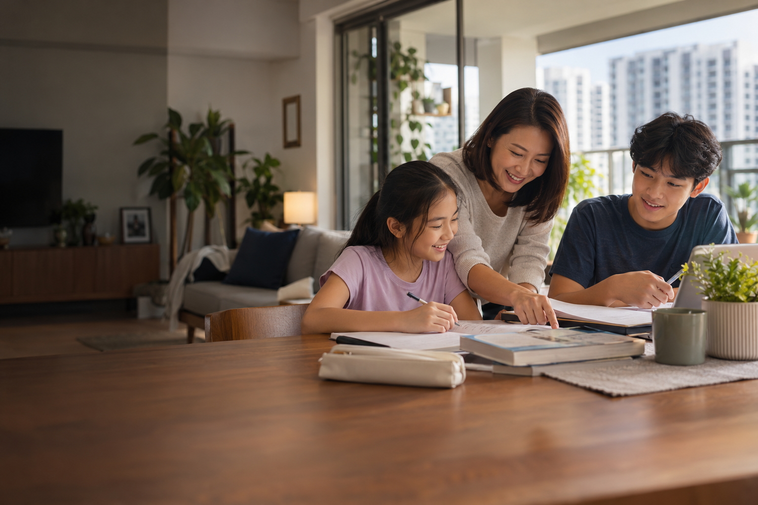 Illustrative Singaporean mother helping two children study at home