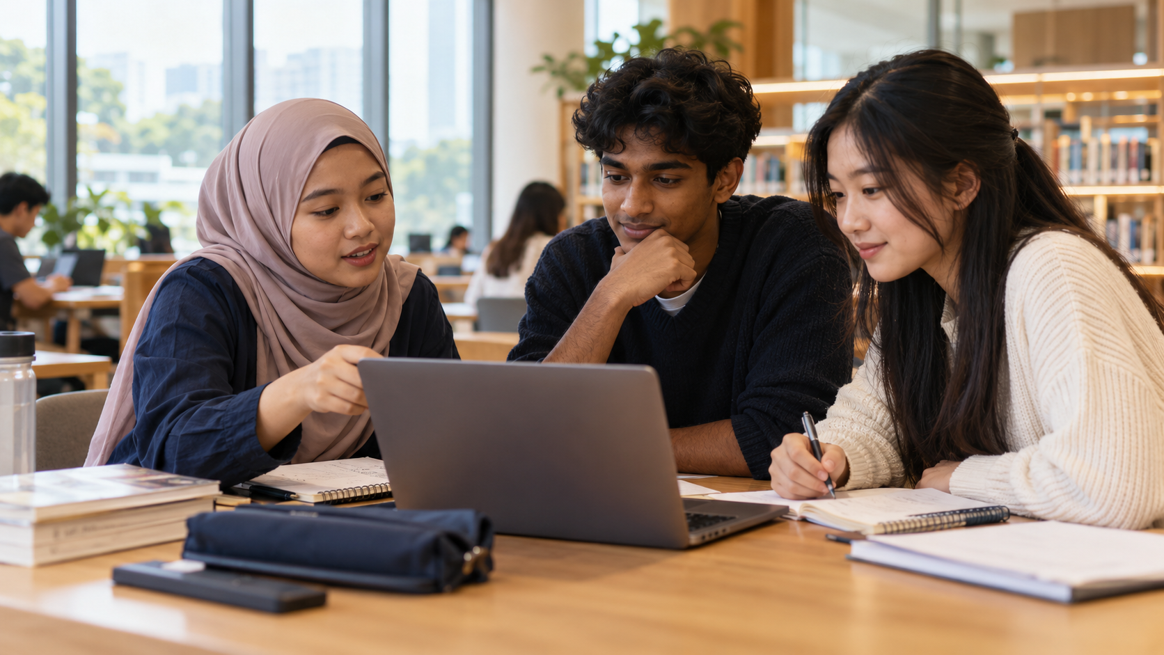 Illustrative Singaporean students from diverse backgrounds studying together